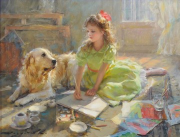 Pets and Children Painting - In My Fathers Studio pet kids